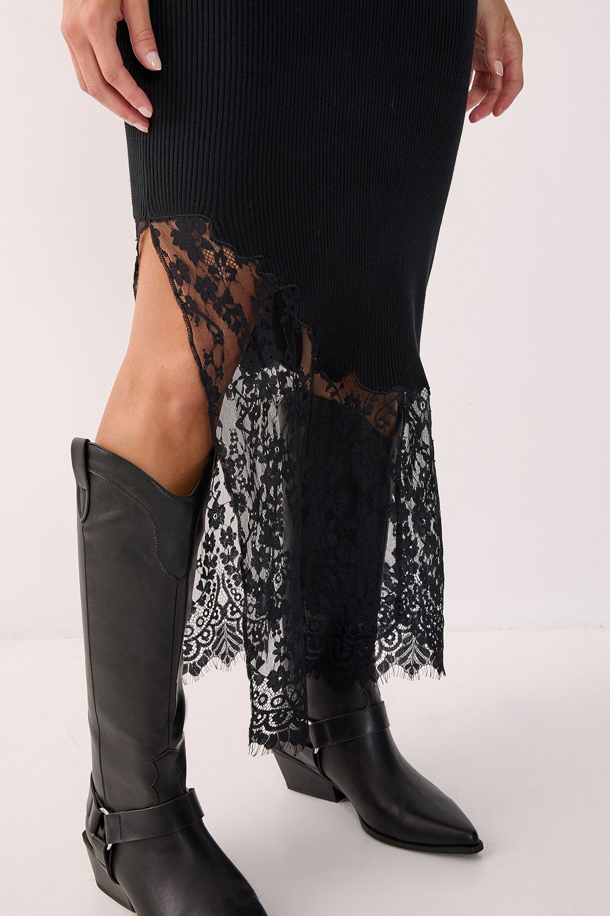 NastyGal Knitted Lace Hem Detail Maxi Dress Black image 4
