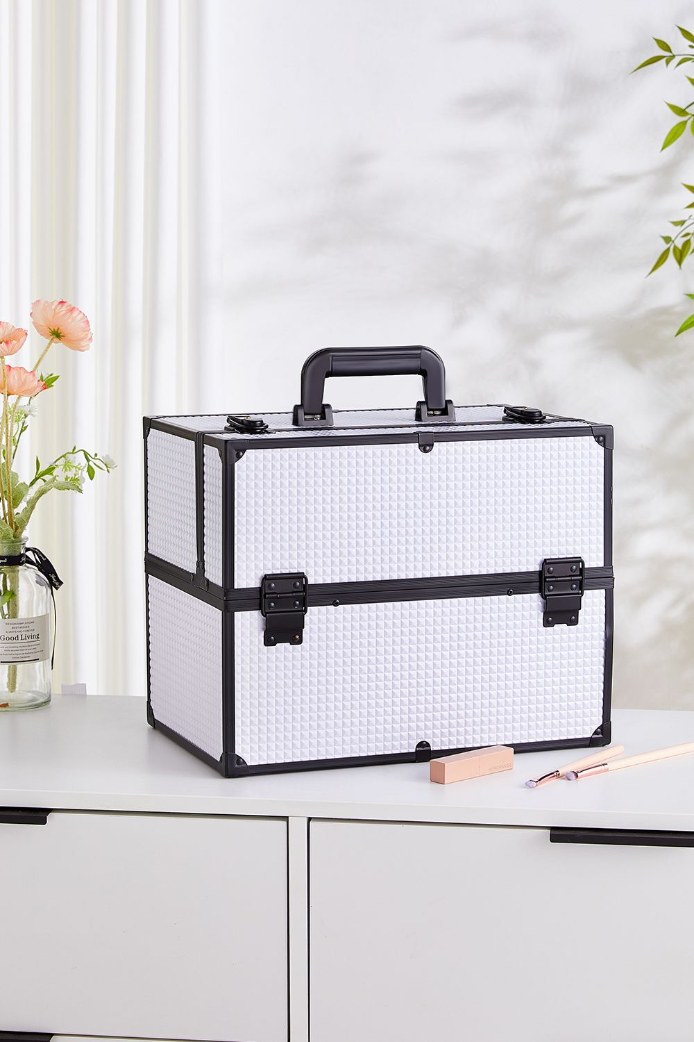 SHEONLY White Makeup Box Professional Cosmetic Organizer Aluminum Storage Box with 6 Trays image 2