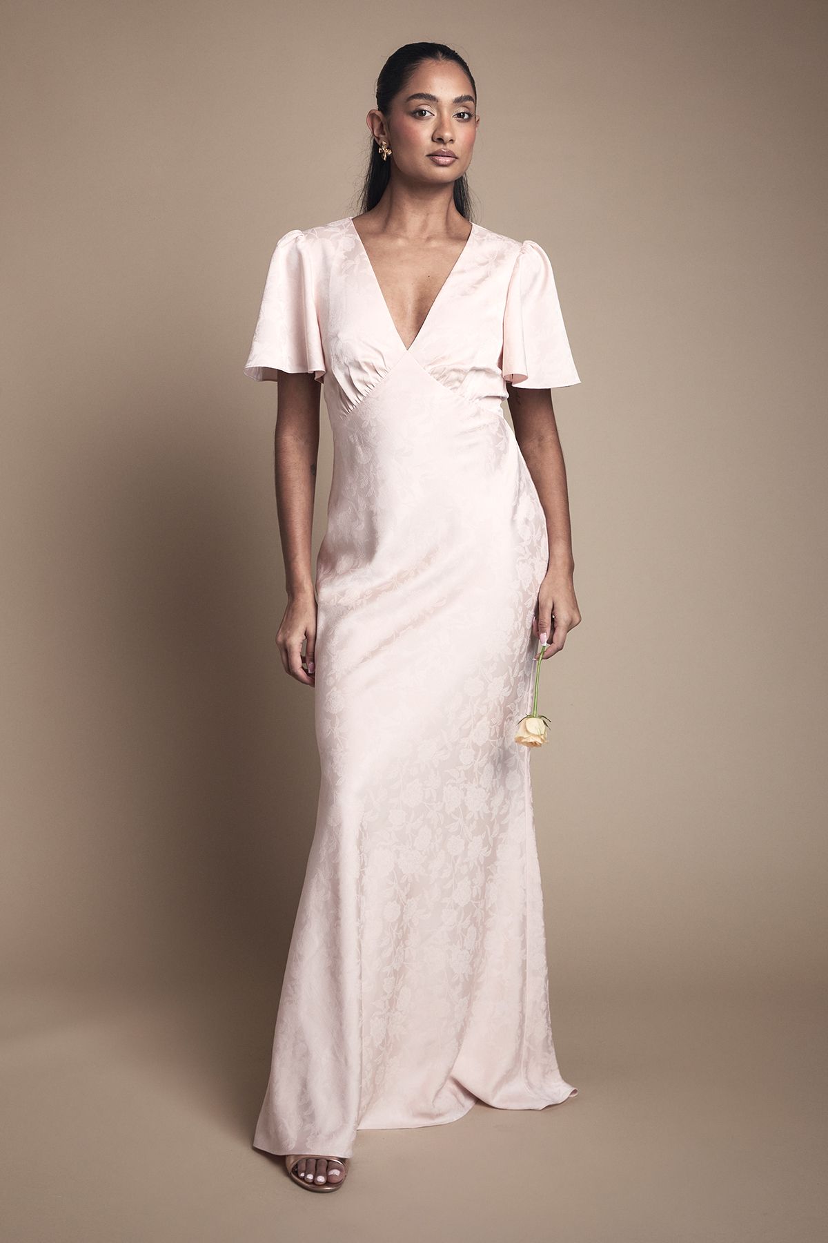 Oasis Angel Sleeve Satin Jacquard Bridesmaid Maxi Dress Blush