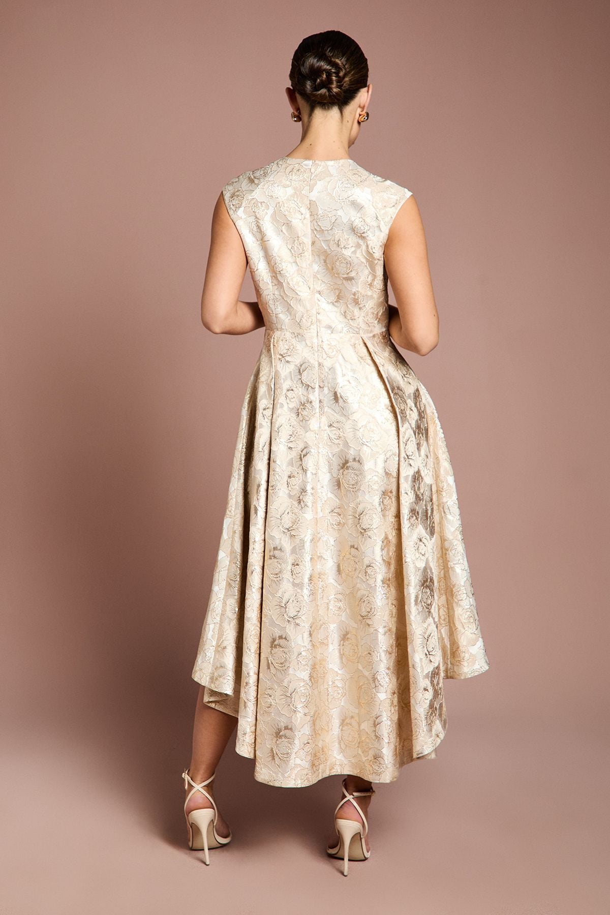 Coast Cap Sleeve High Low Jacquard Midi Dress Champagne image 3