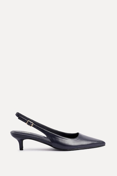 Linzi Elvira Navy Faux Leather Slingback Kitten Court Heels