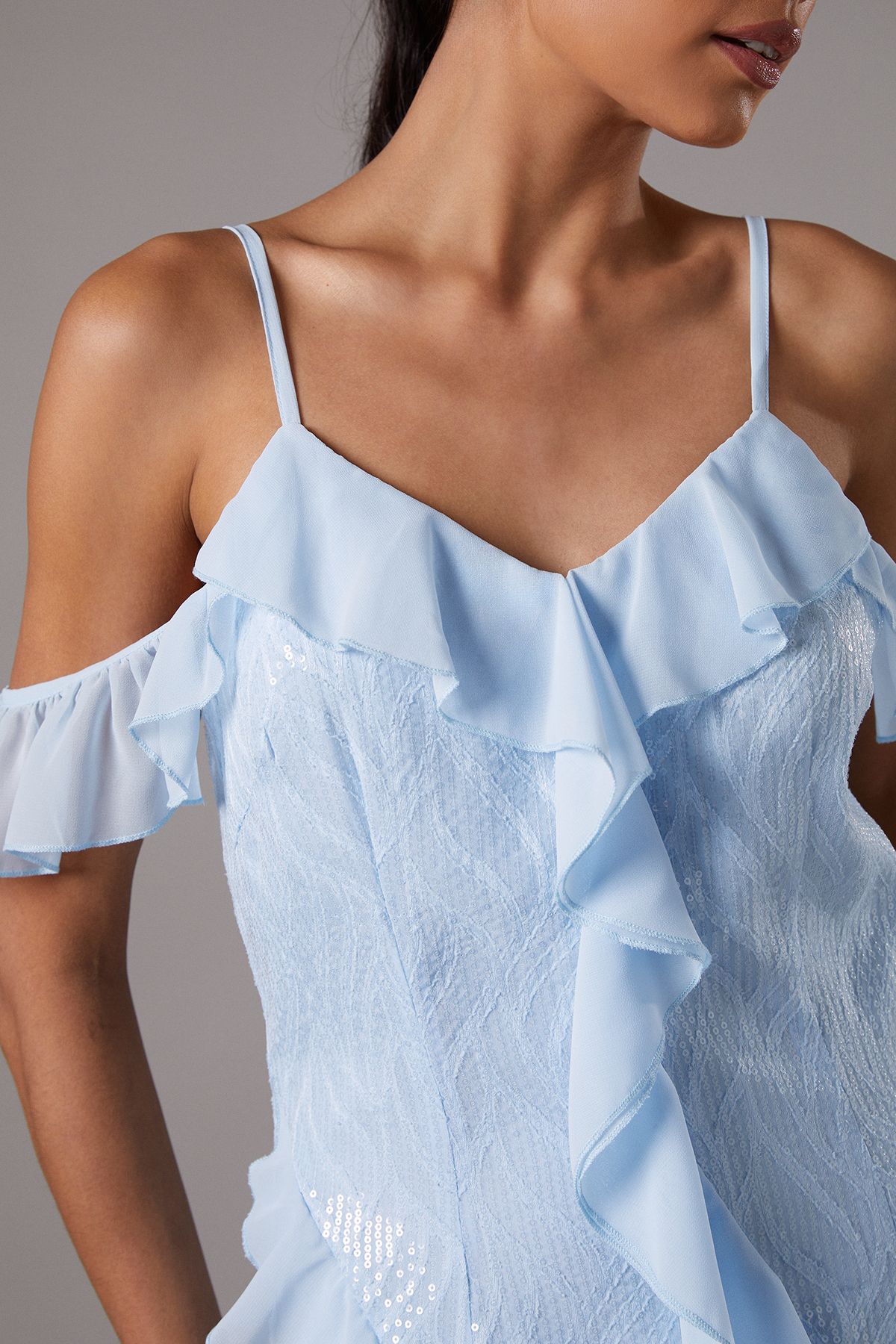 Coast Sequin Frill Midi Wedding Guest Dress Blue image 5