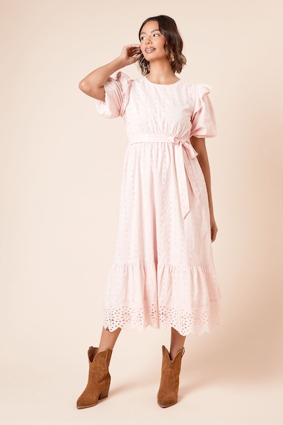 Dorothy Perkins Cutwork Ruffle Sleeve Puff Sleeve Midi Dress Pink