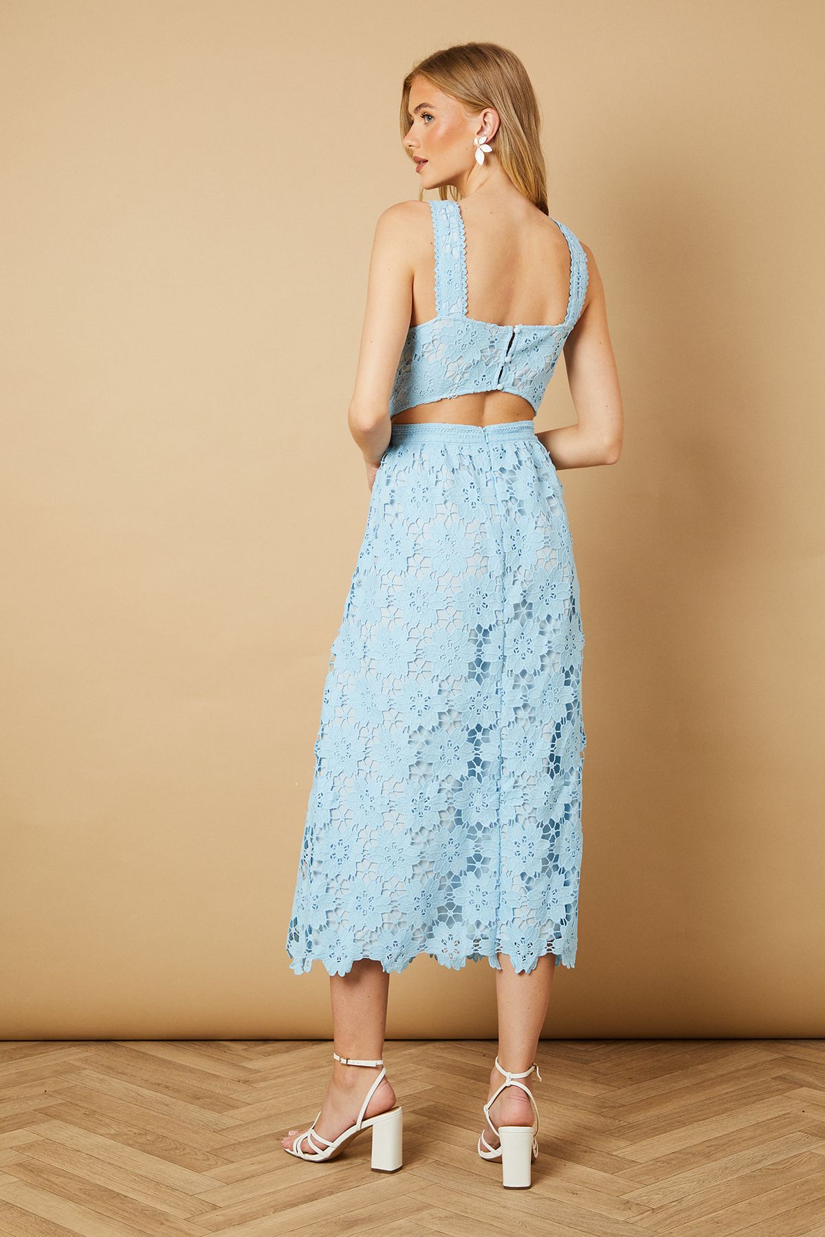 Oasis Floral Lace Detail Square Neck Midi Dress Sky Blue image 4