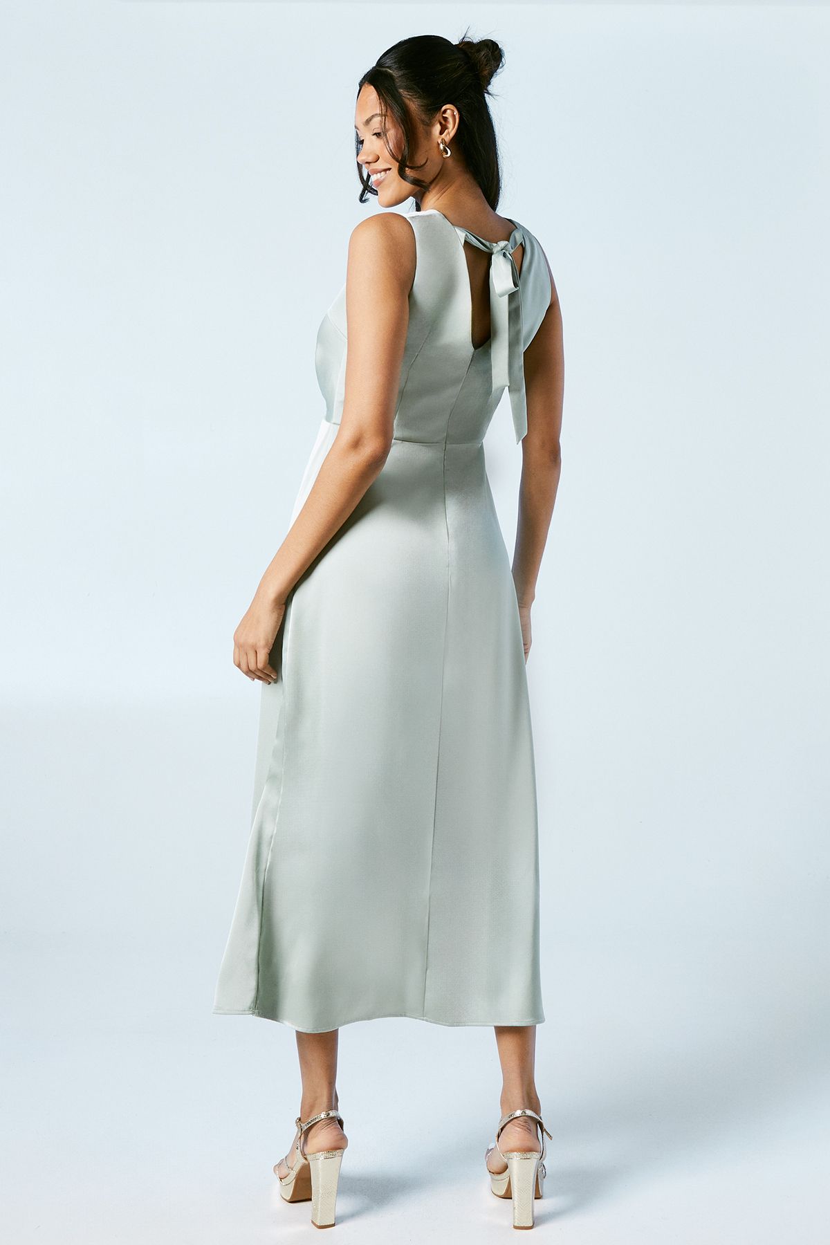 Oasis Twist V Neck Tie Back Satin Bridesmaid Midi Dress Sage image 3