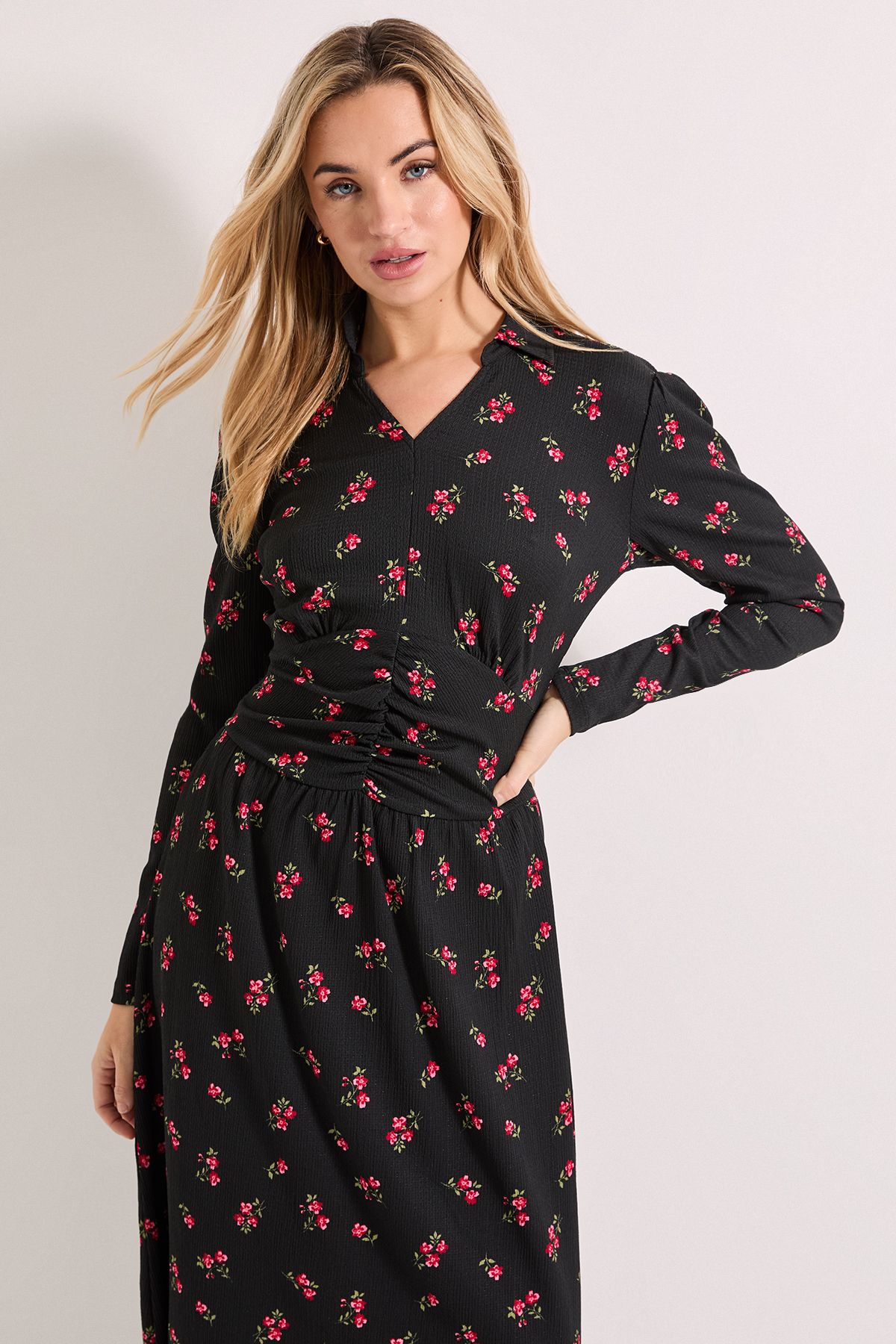 Dorothy Perkins Floral Collared Shirred Back Long Sleeve Jersey Midi Dress Floral image 2