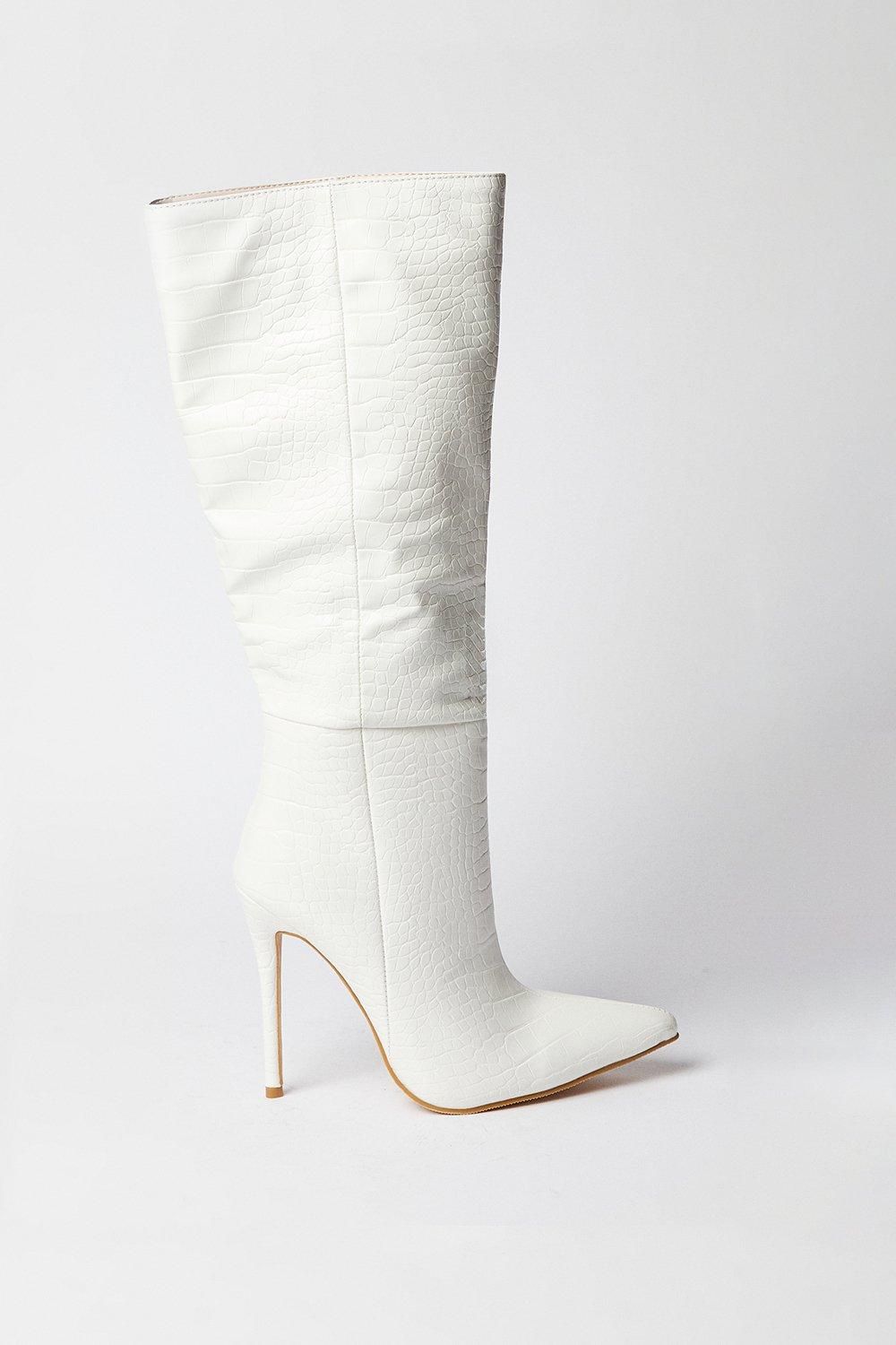 MissPap Leather Look Croc Pointed Heeled Boot White image 2