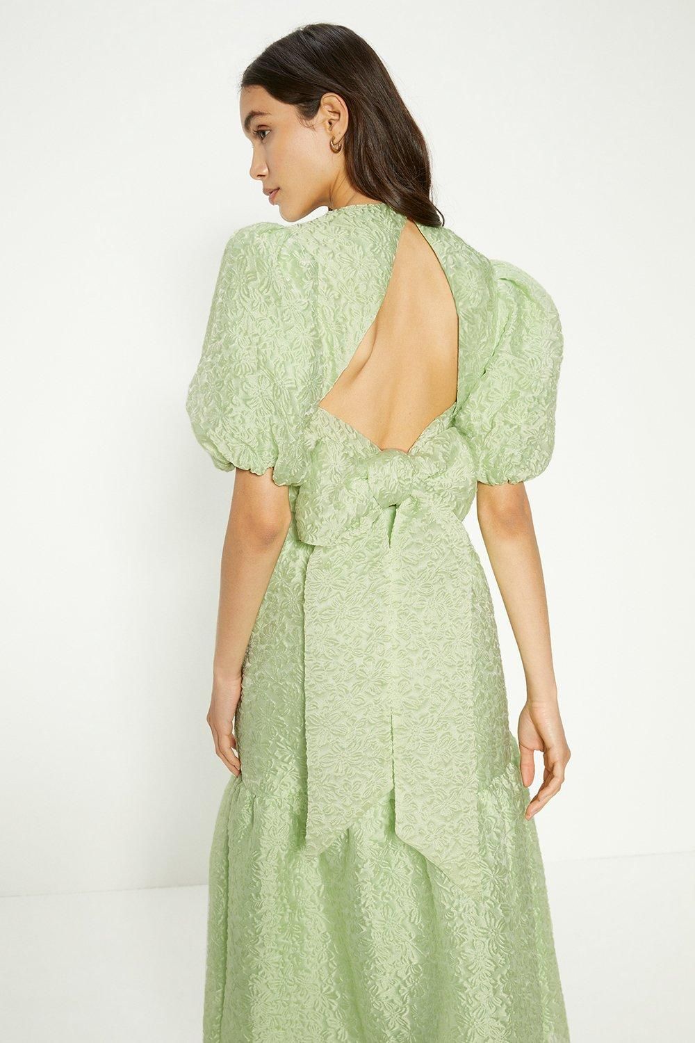 Oasis Jacquard Puff Sleeve Bow Back Top Green image 3