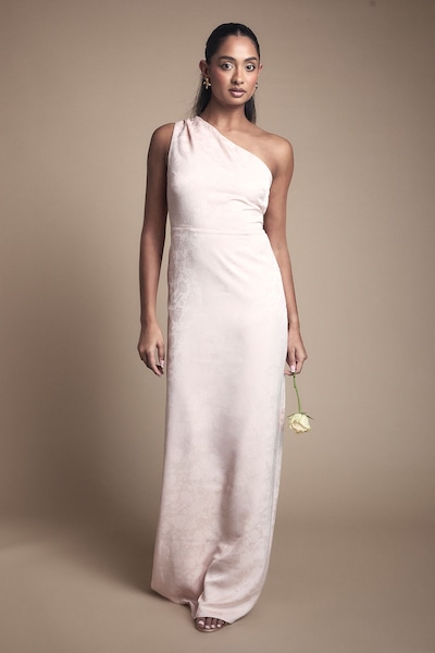 Oasis One Shoulder Satin Jacquard Bridesmaid Maxi Dress Blush