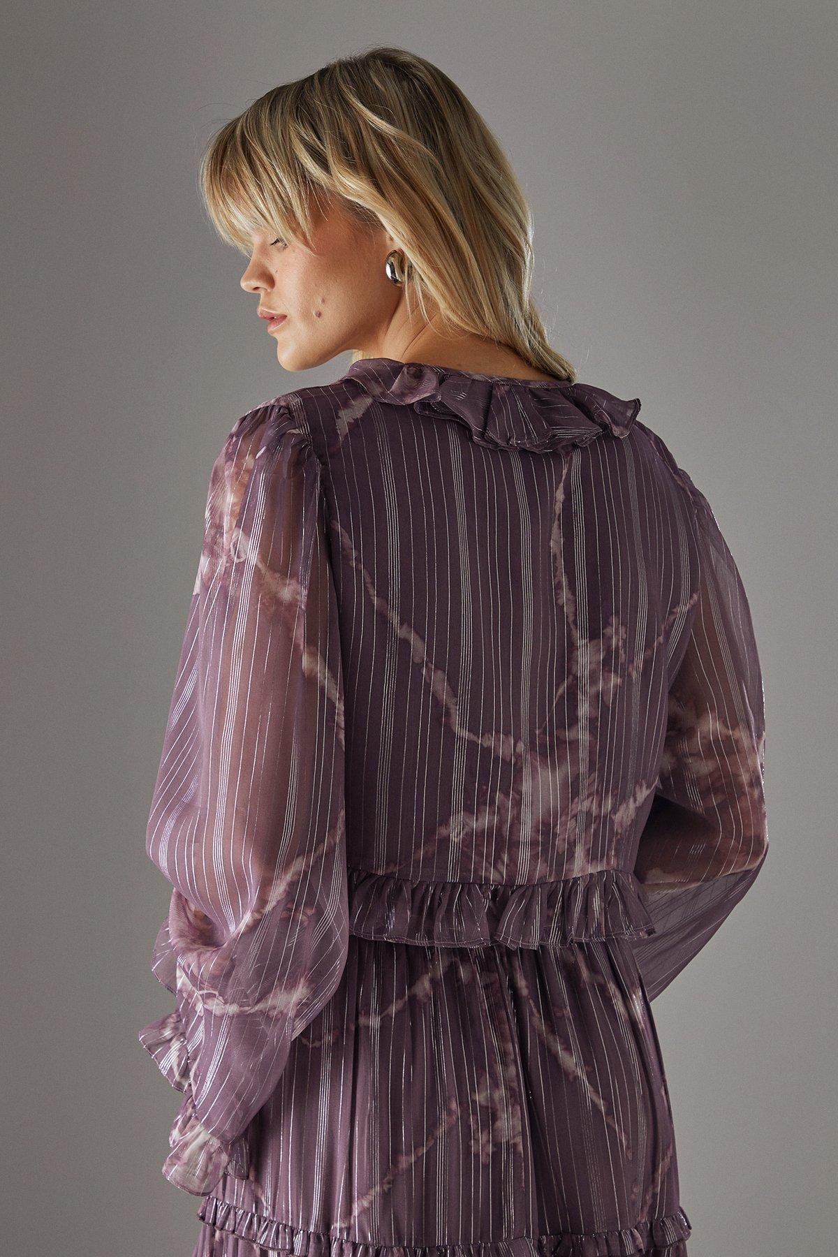 Warehouse Metallic Chiffon Ruffle Tie Front Flared Sleeve Blouse Mauve image 4