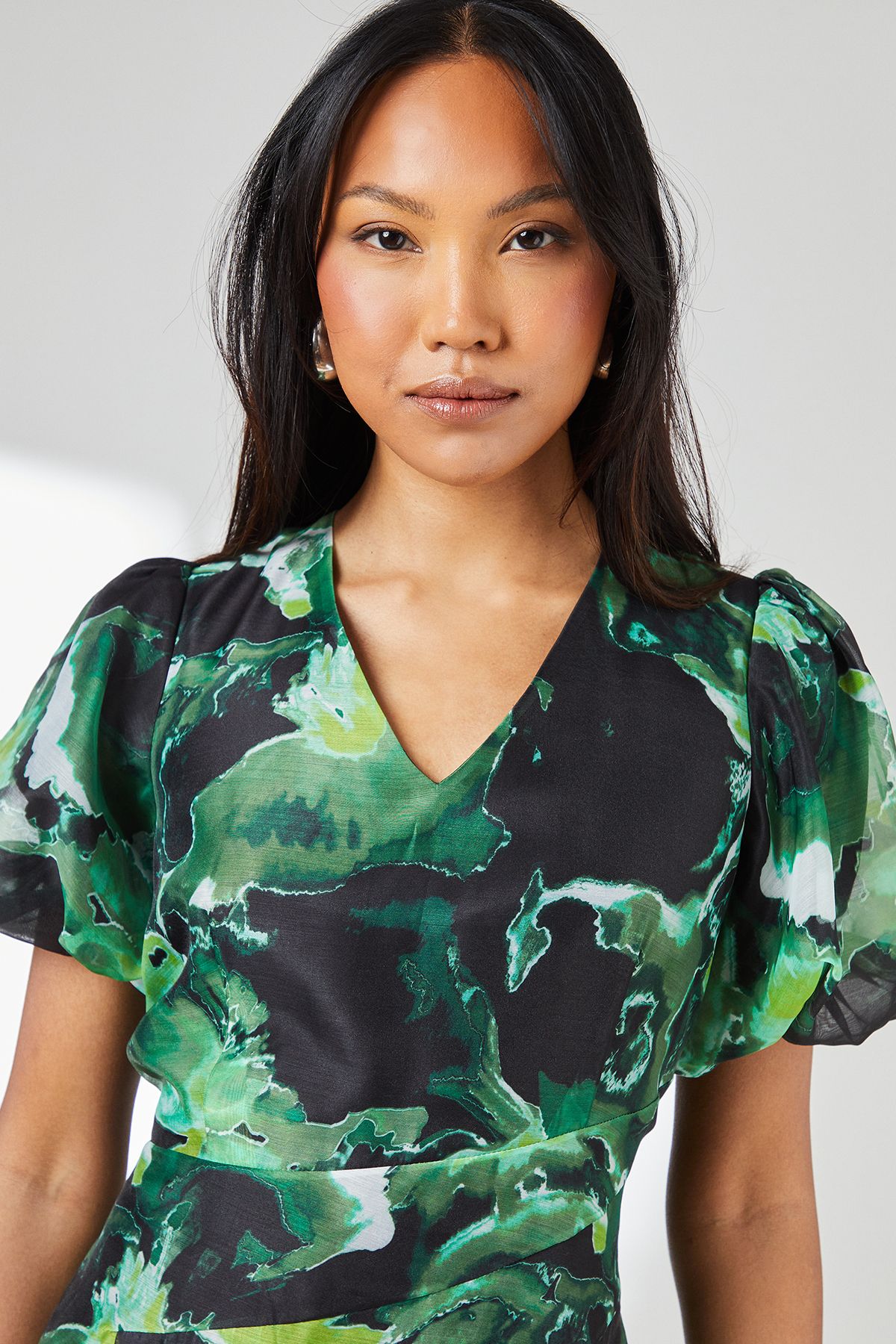 Principles Green Floral Print Puff Sleeve Organza Midi Dress Green image 4