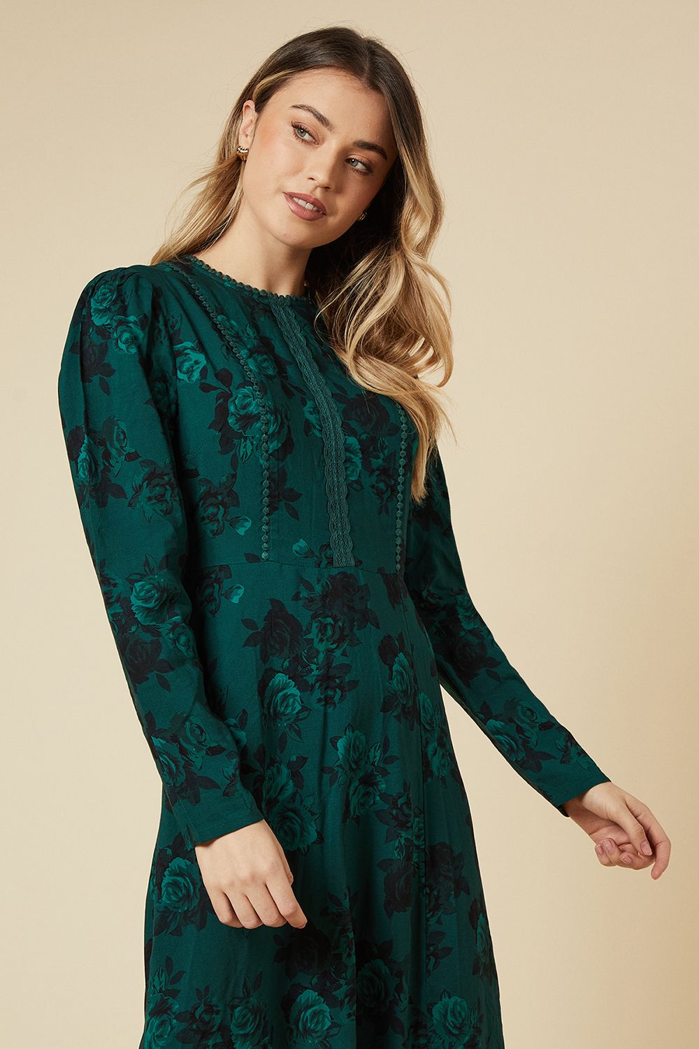 Dorothy Perkins Green Floral Lace Trim Body Long Sleeve Midi Dress Green image 4