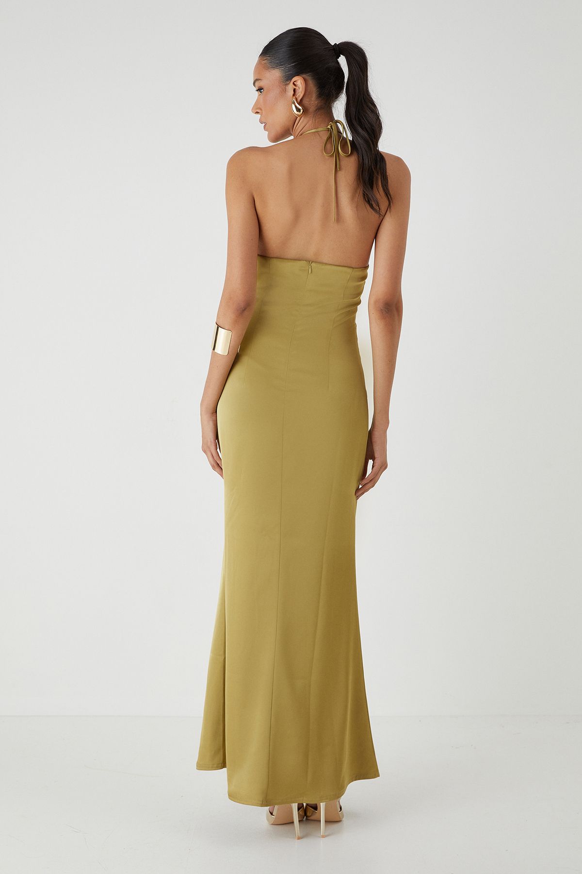MissPap Halter Neck Split Hem Maxi Dress Green image 5