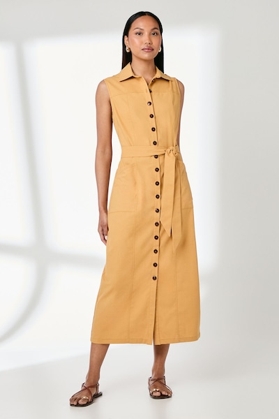 Principles Ochre Button Front Linen Column Shirt Dress Ochre