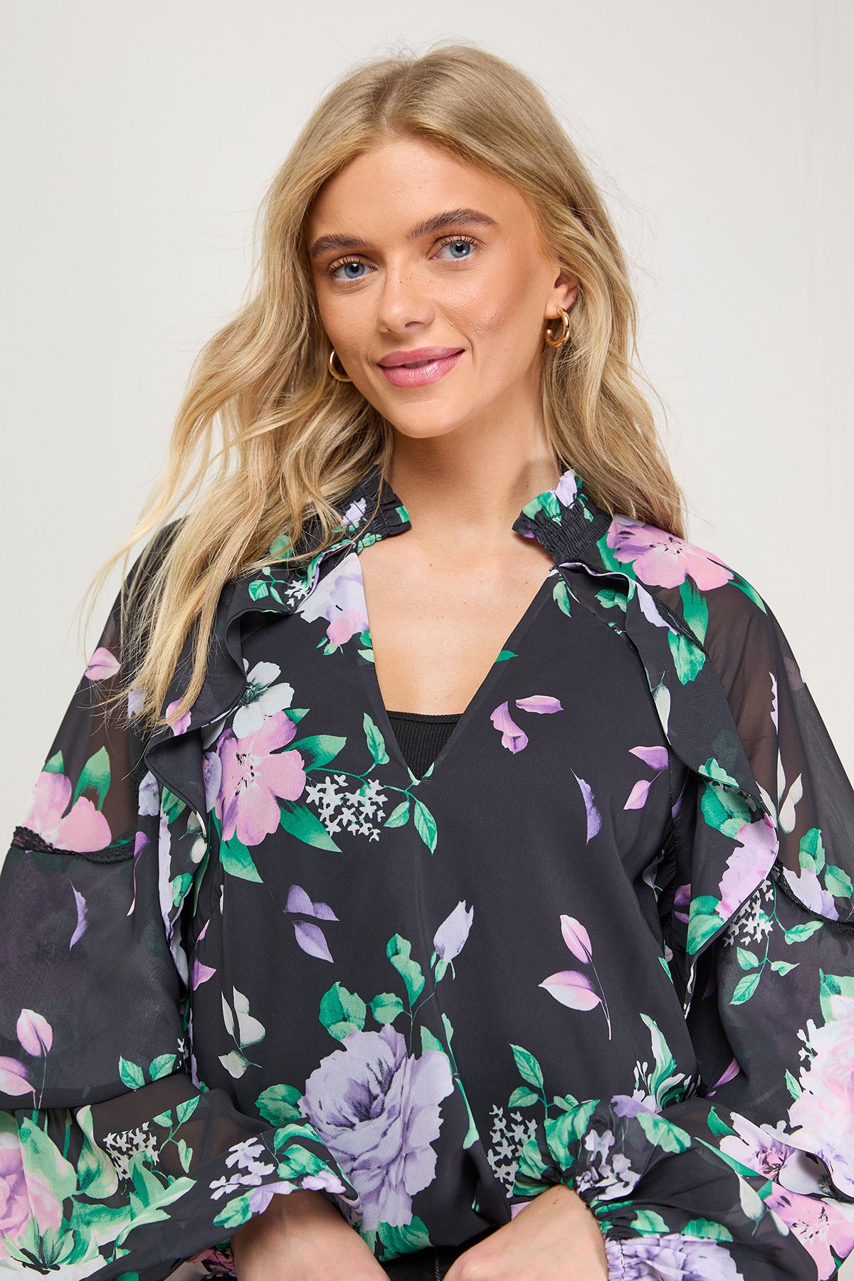 Oasis Cape Detail Trim Balloon Sleeve Boho Blouse Floral image 2