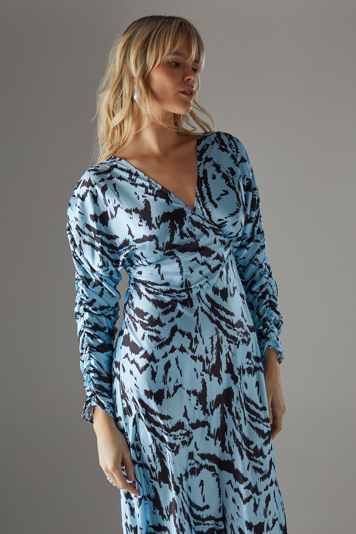 Warehouse Zebra Satin Batwing Bias Midi Dress Blue image 2