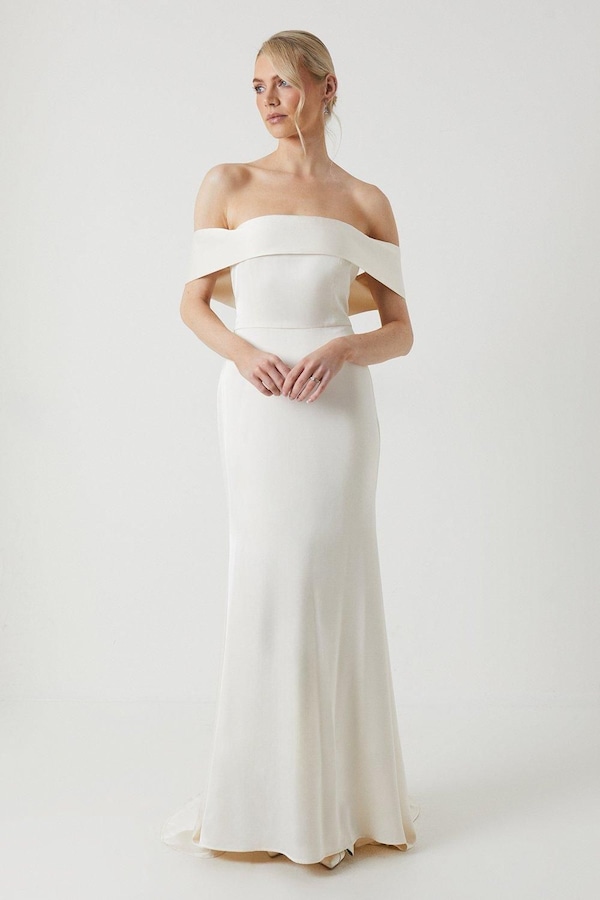 Coast Satin Bardot Fishtail Maxi Wedding Dress With Train Ecru