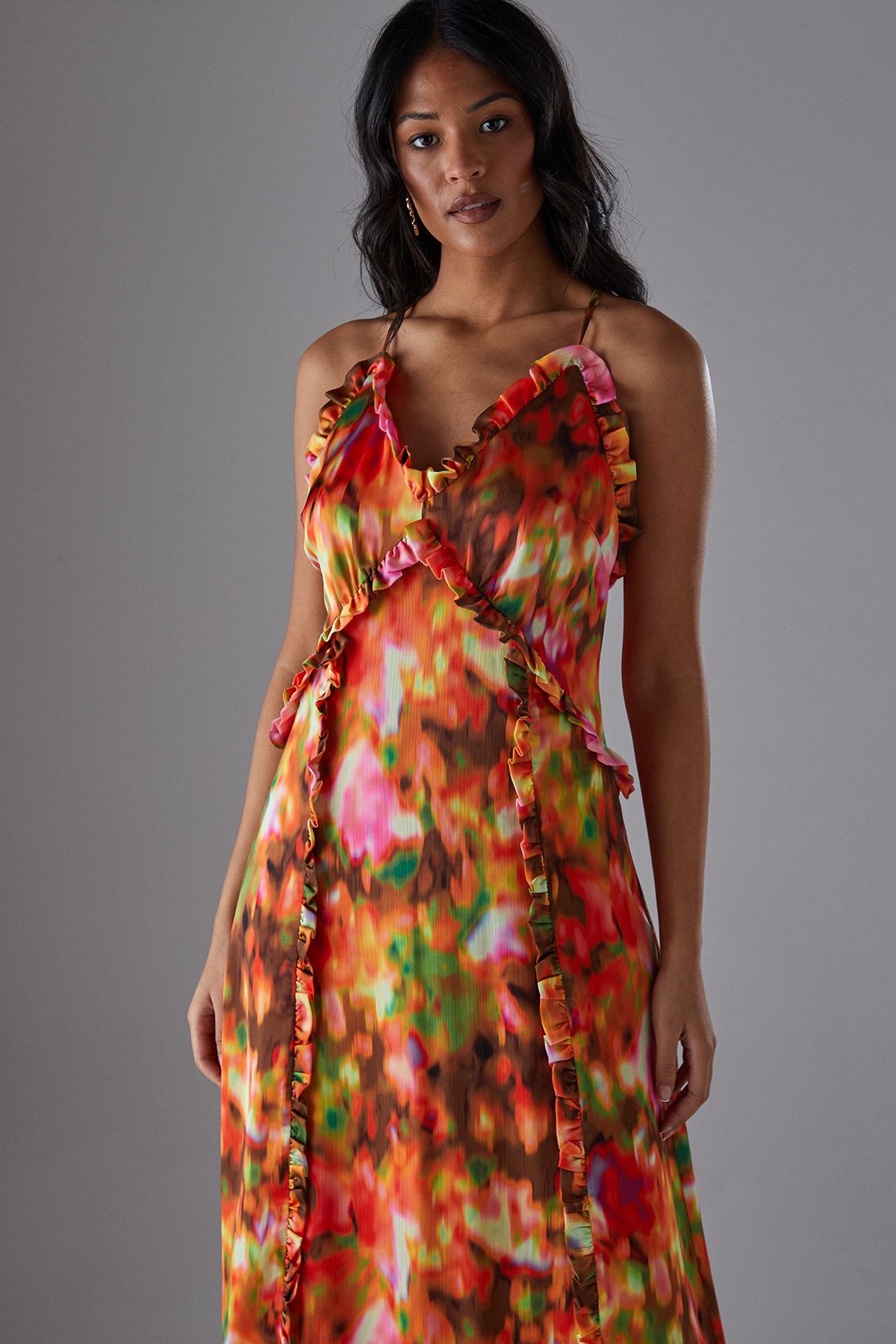 Warehouse Satin Crinkle Ruffle Maxi Sundress Multi image 3