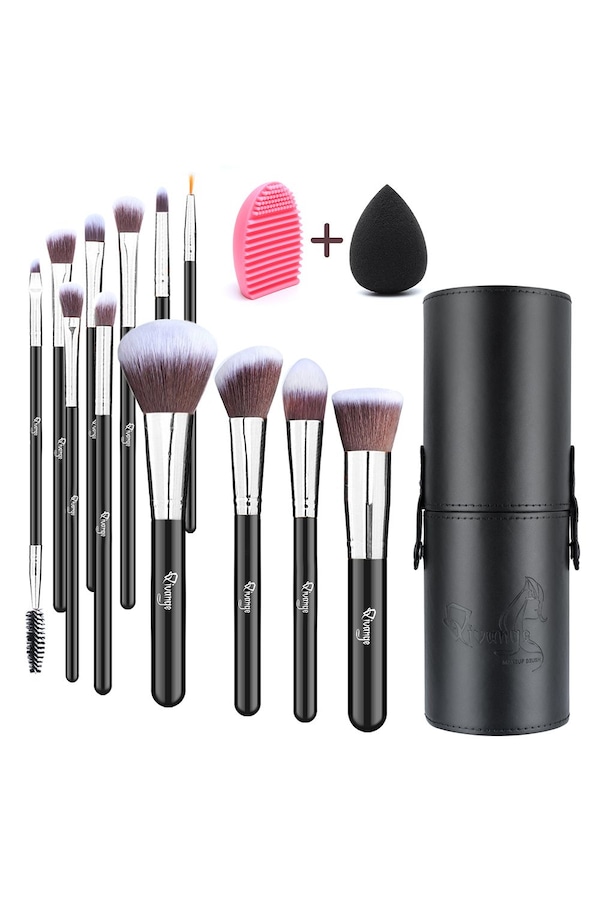 Living and Home 12 Pcs Silver Makeup Brush Set with Makeup Sponge and Brush Egg Gift Set