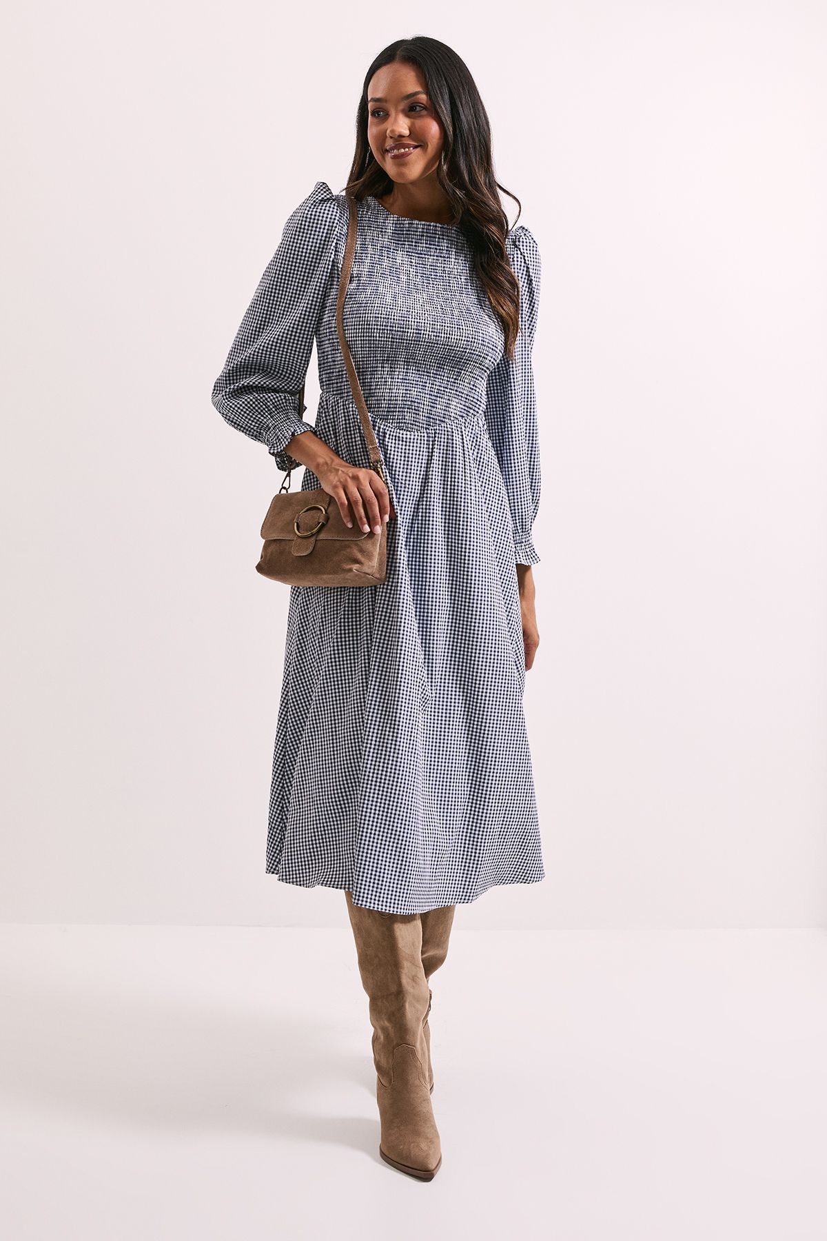 Dorothy Perkins Gingham Shirred Bodice Blouson Sleeve Midi Dress Navy image 4