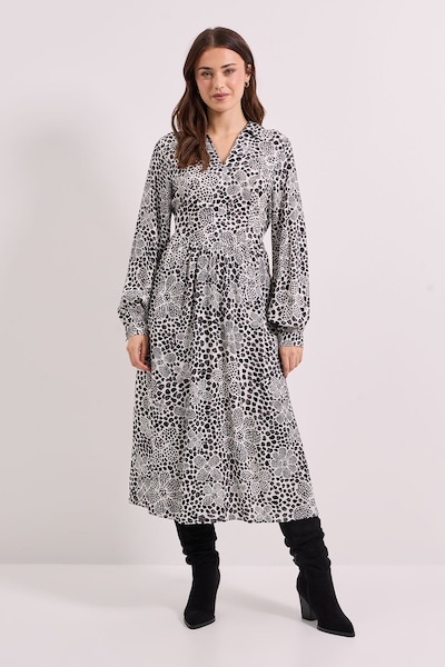Dorothy Perkins Seam Detail Collared Blouson Sleeve Printed Midi Dress Mono