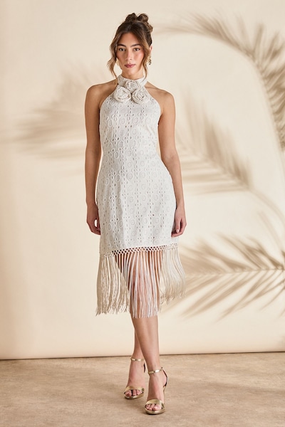 Coast Broderie Embellished Fringe Halter Dress White