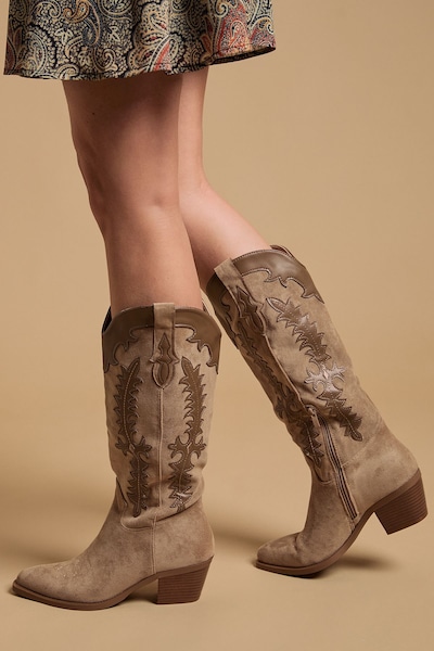 Oasis Jessie Faux Suede & Leather Western Cowboy Calf Boots Beige