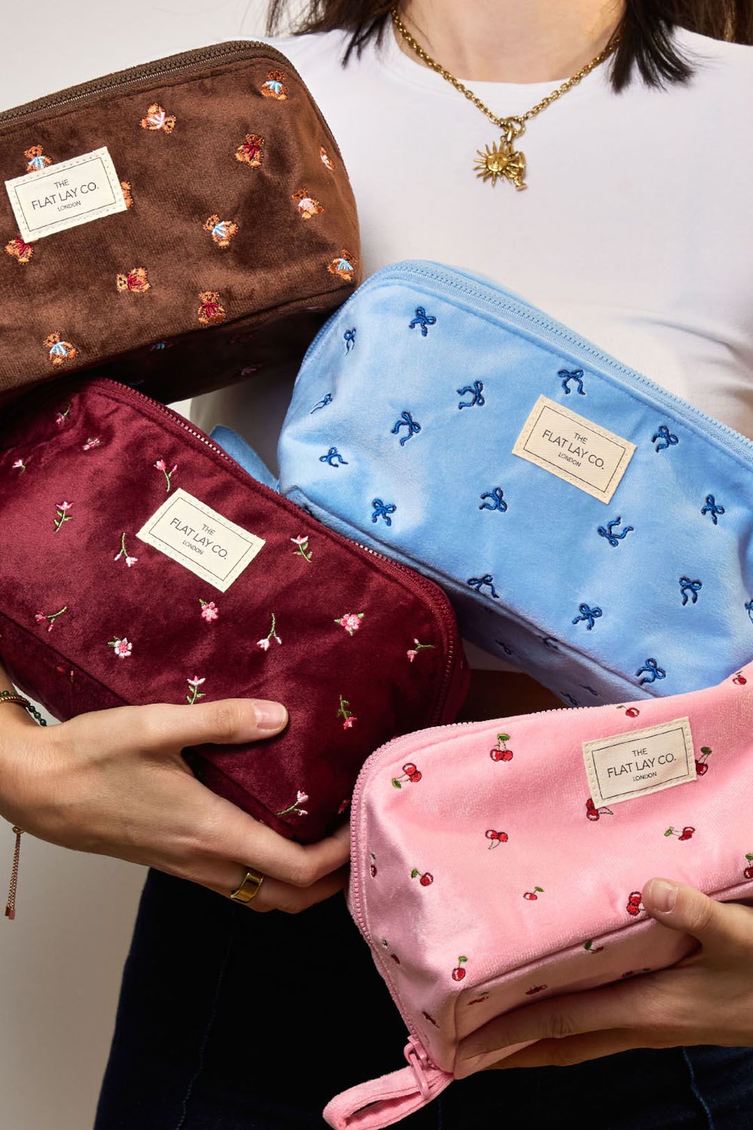 The Flat Lay Co Makeup Box Bag - Ditsy Bows Blue Embroidered Velvet Multi image 2