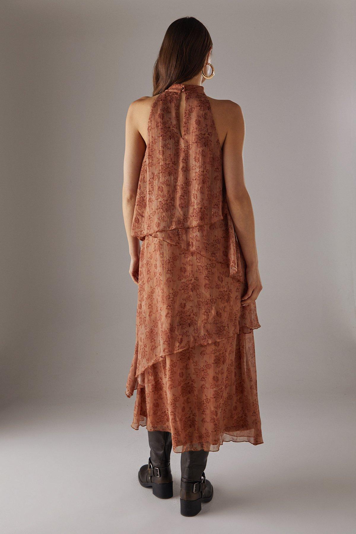 Warehouse Chiffon Halter Ruffle Layer Maxi Dress Rust image 3