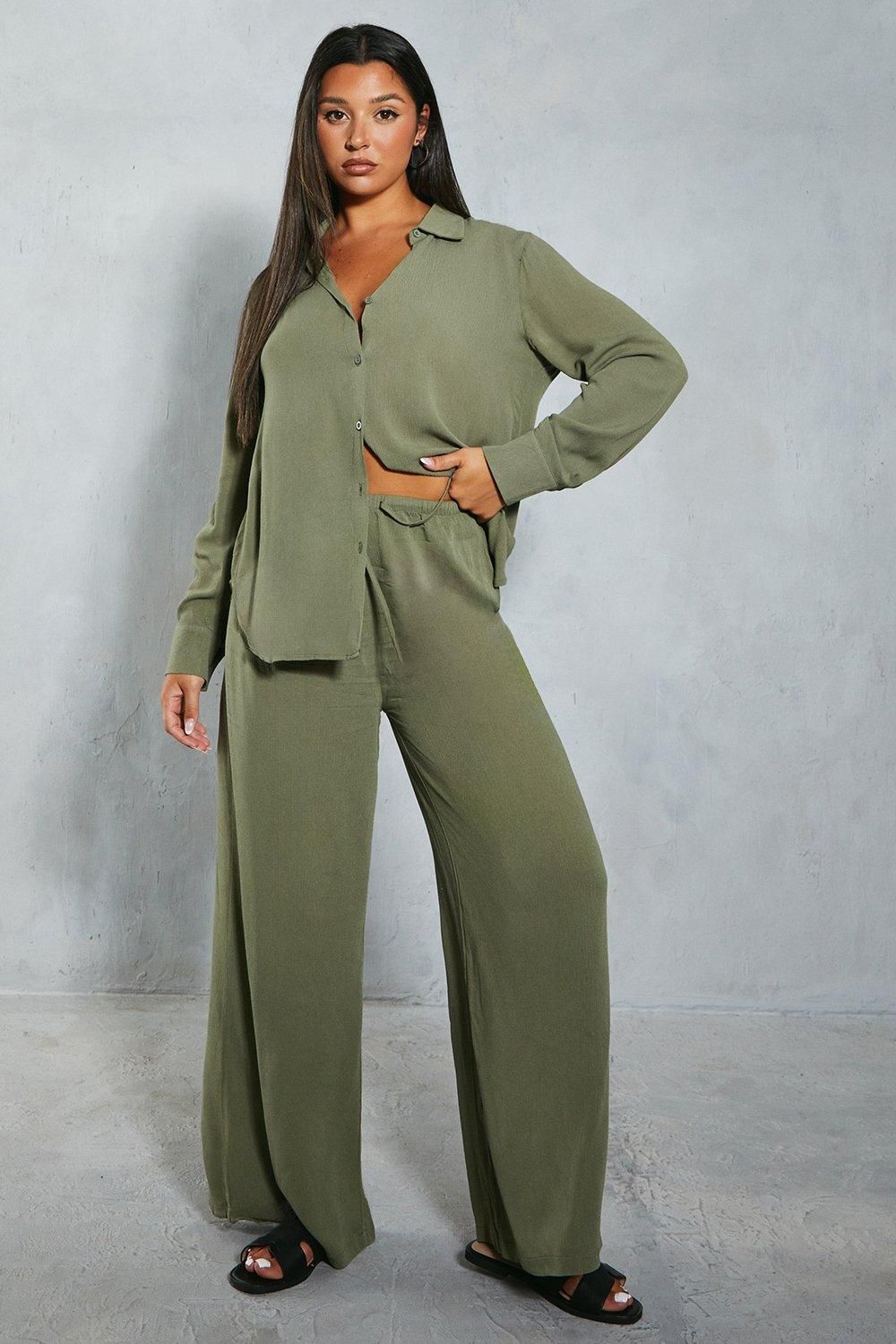 MissPap Crinkle Sheer Oversized Shirt Khaki image 4