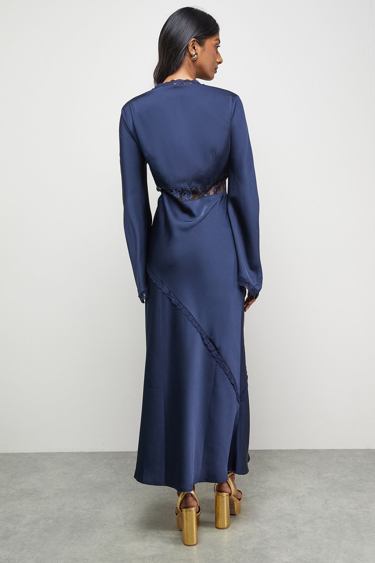 Warehouse Satin Lace Insert Flute Sleeve Midi Dress Navy image 3