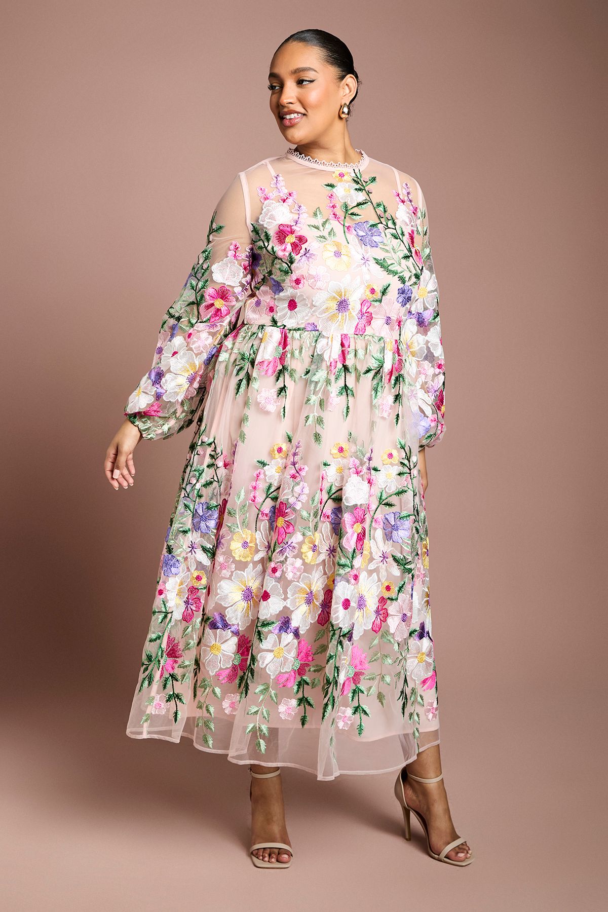 Coast Plus Muse Long Sleeve Embroidered Maxi Dress Peach