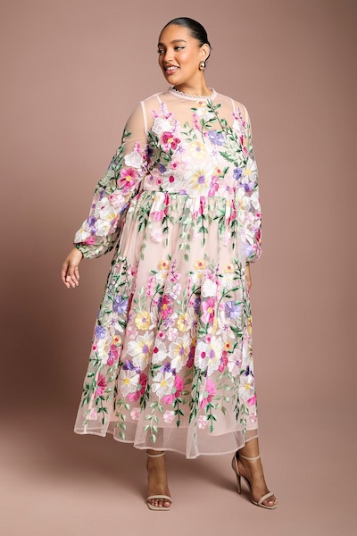 Coast Plus Muse Long Sleeve Embroidered Maxi Dress Peach