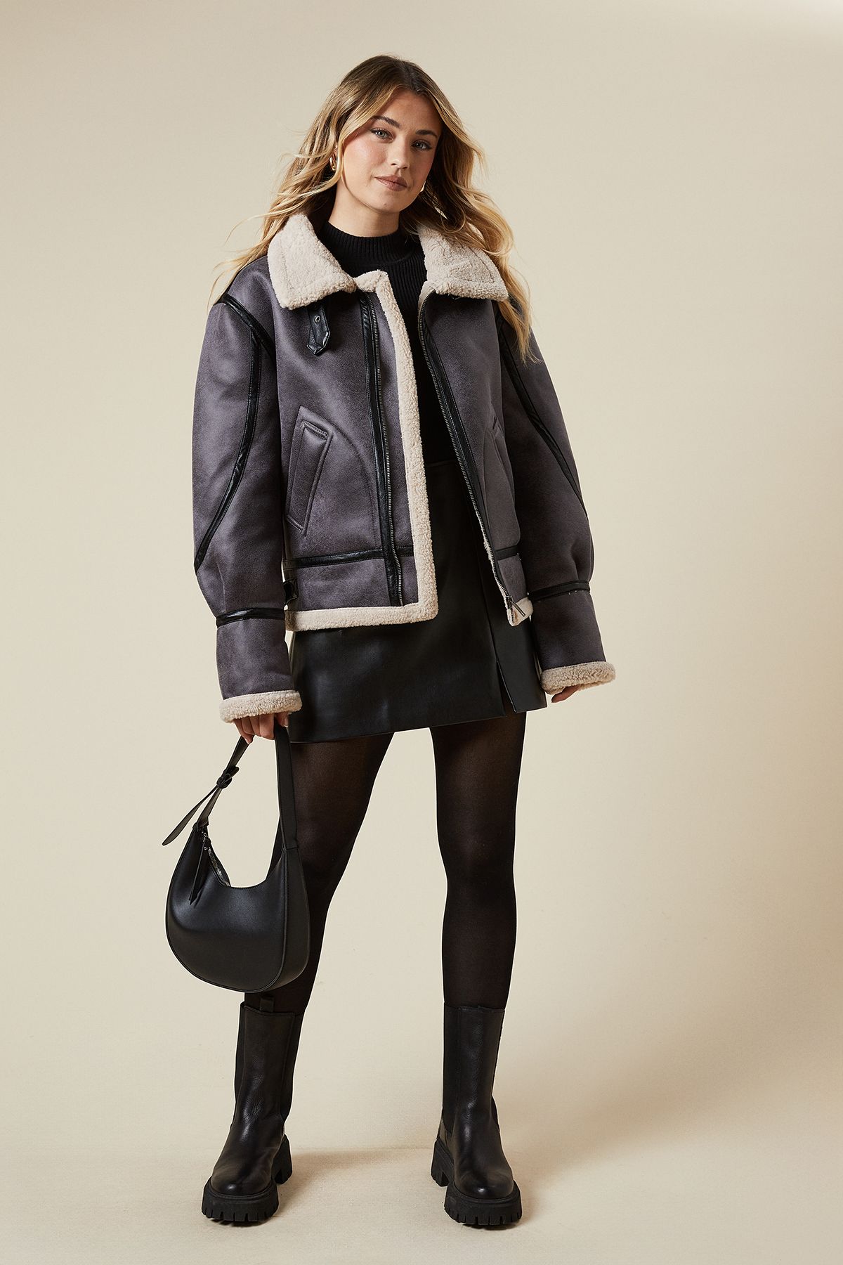 Oasis Faux Suede Borg Detail Aviator Jacket Black image 2