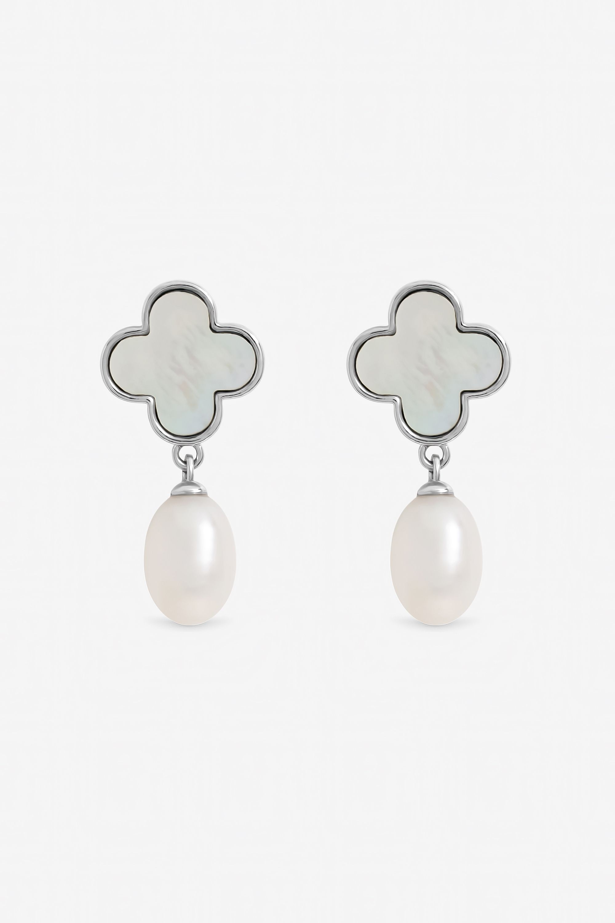 Jon Richard Rhodium Plated Pearl and Mother of Pearl Clover Drop Earrings image 1