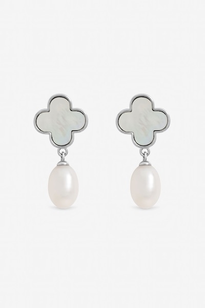 Jon Richard Rhodium Plated Pearl and Mother of Pearl Clover Drop Earrings