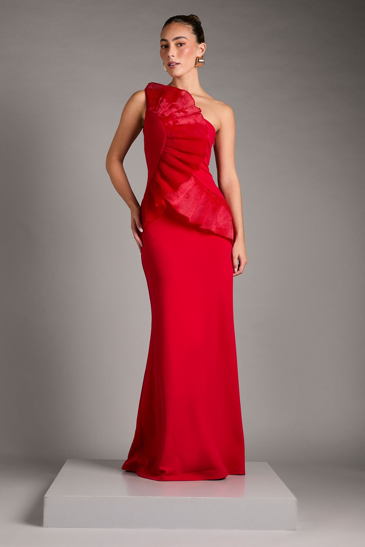 Coast Pleated Front One Shoulder Gown Red