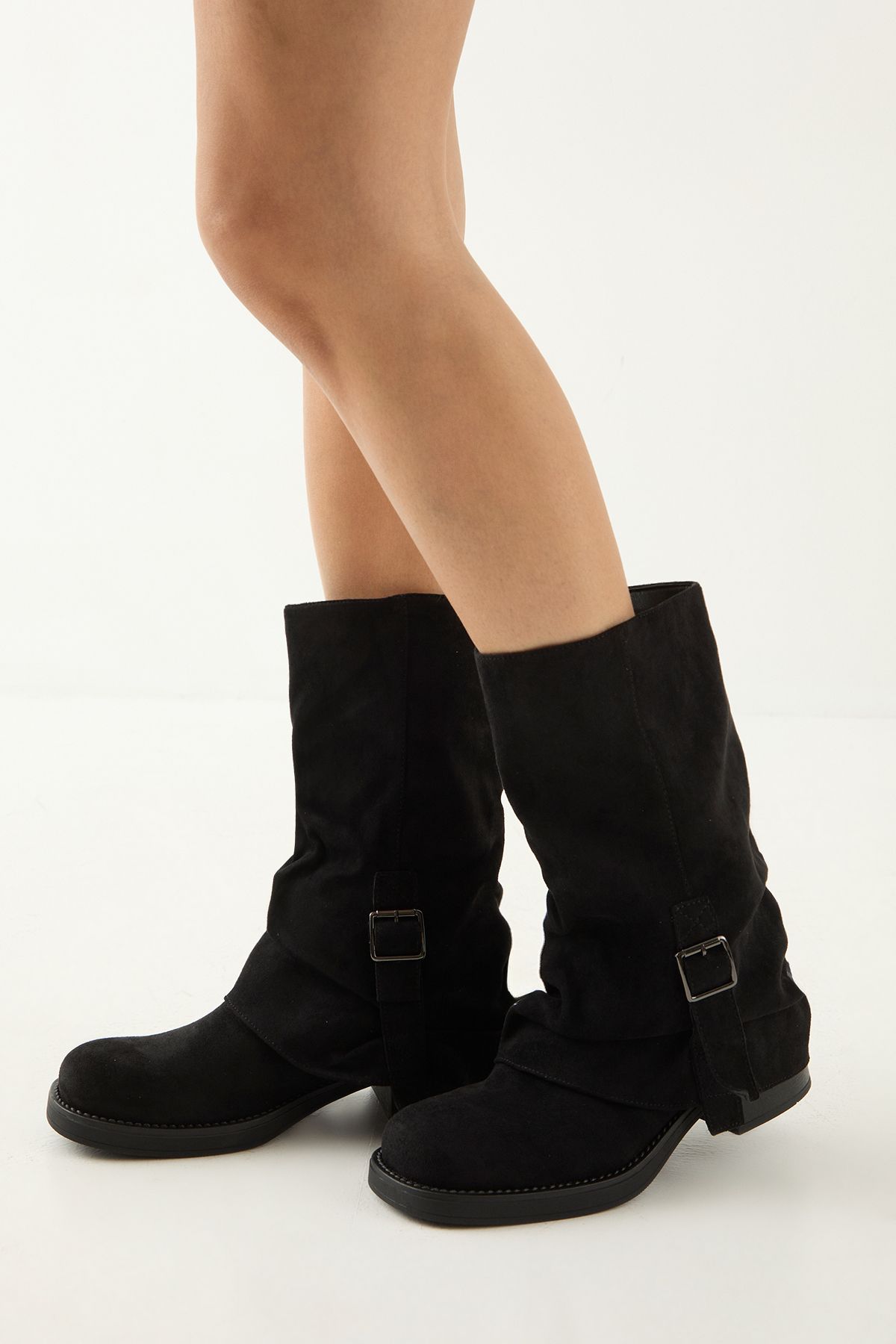 MissPap Faux Suede Sleeve Detail Chunky Calf Boots Natural Black image 2