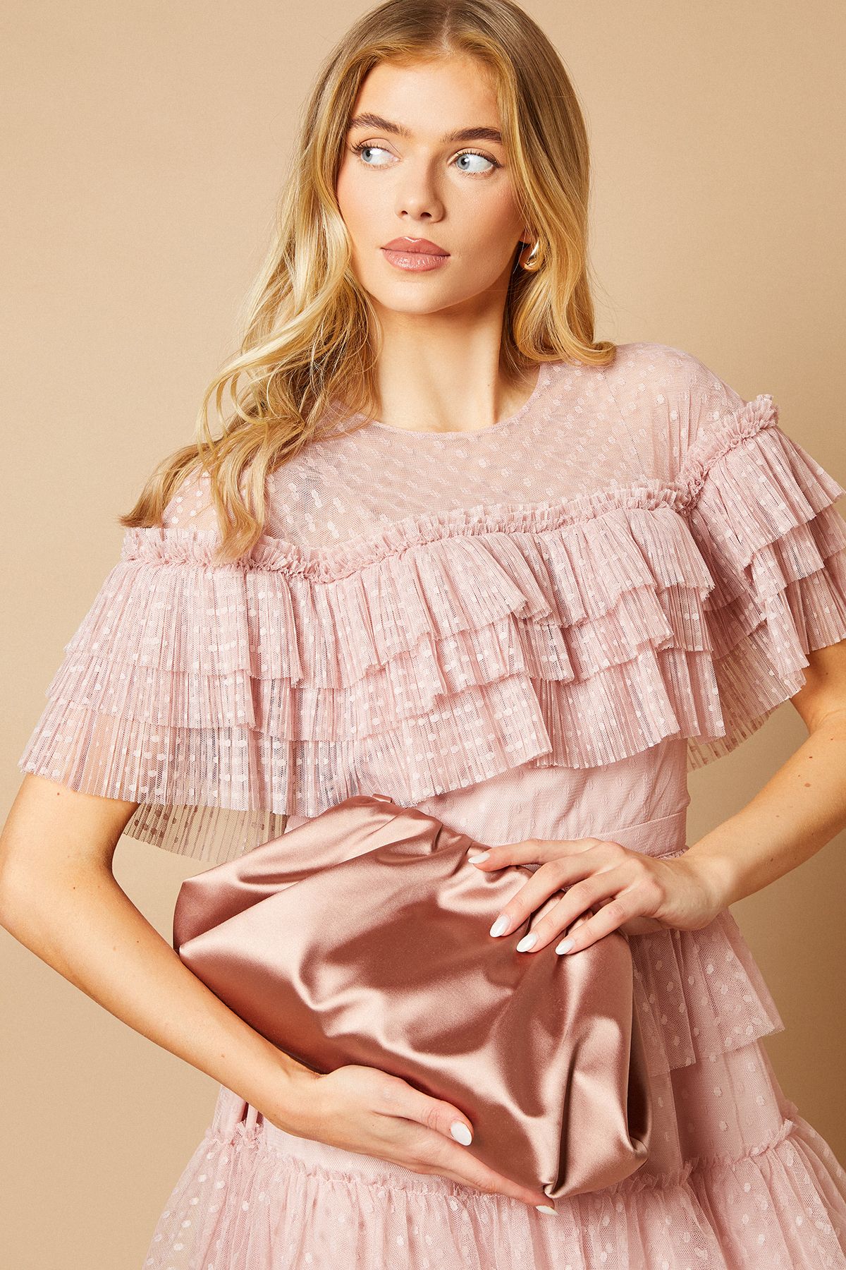 Oasis Liora Satin Ruched Large Clutch Bag Mocha image 2