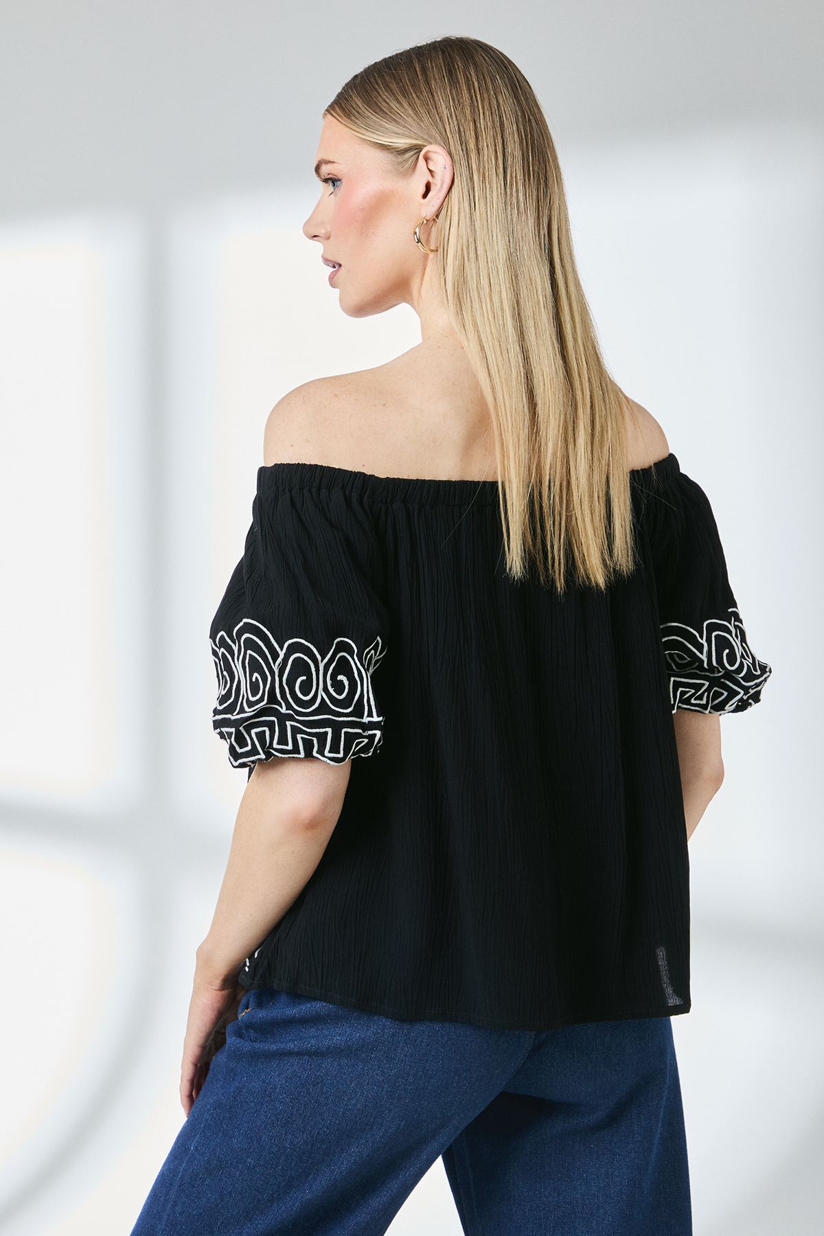 Principles Crinkle Bardot Bubble Sleeve Top Black image 3