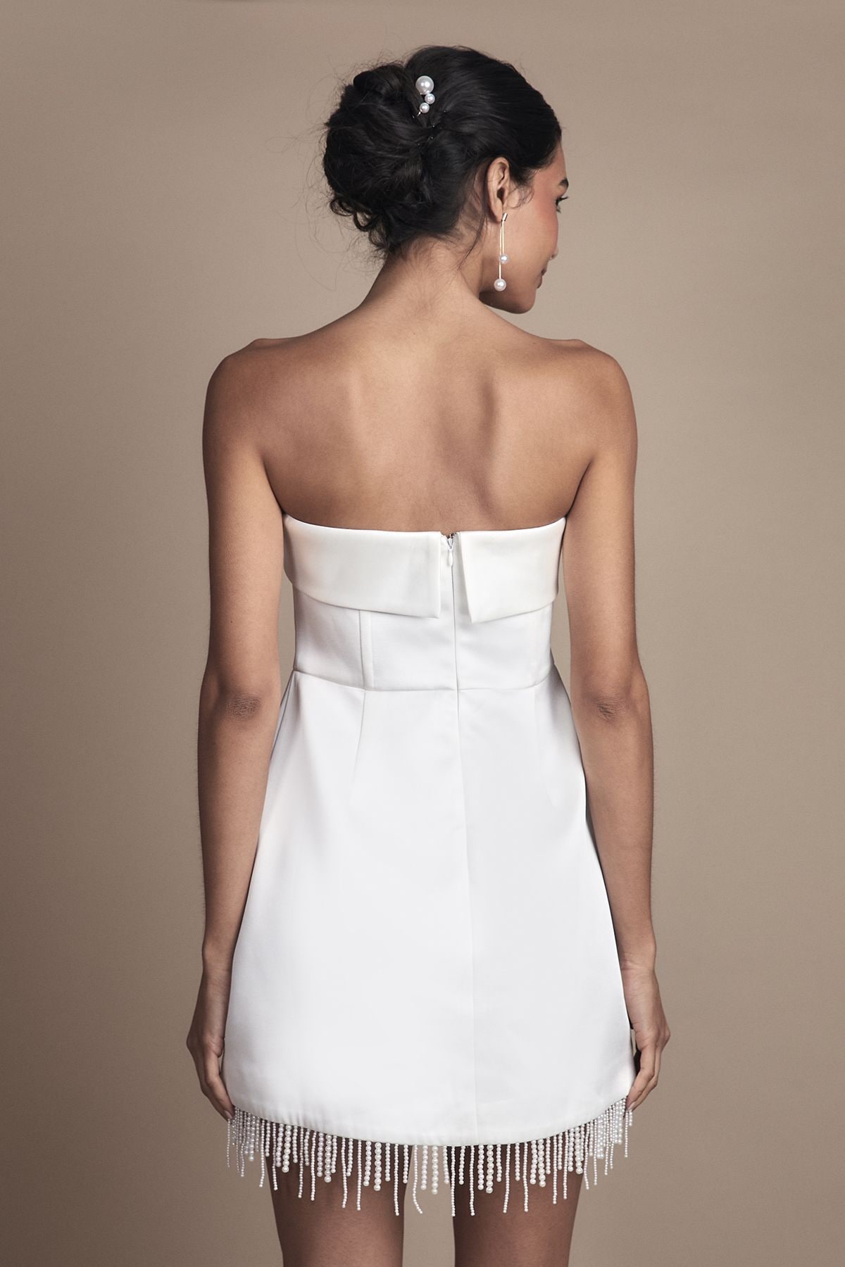 Coast Strapless Satin Mini Wedding Dress with Hem Pearl Trim Ivory image 3