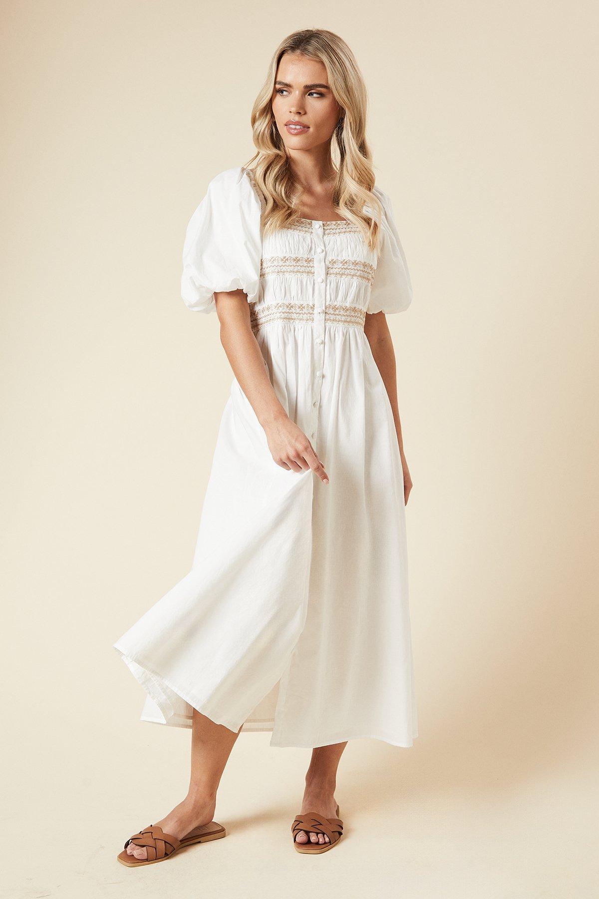 Dorothy Perkins Petite Embroidered Bust Button through Poplin Midi Dress Rust image 1