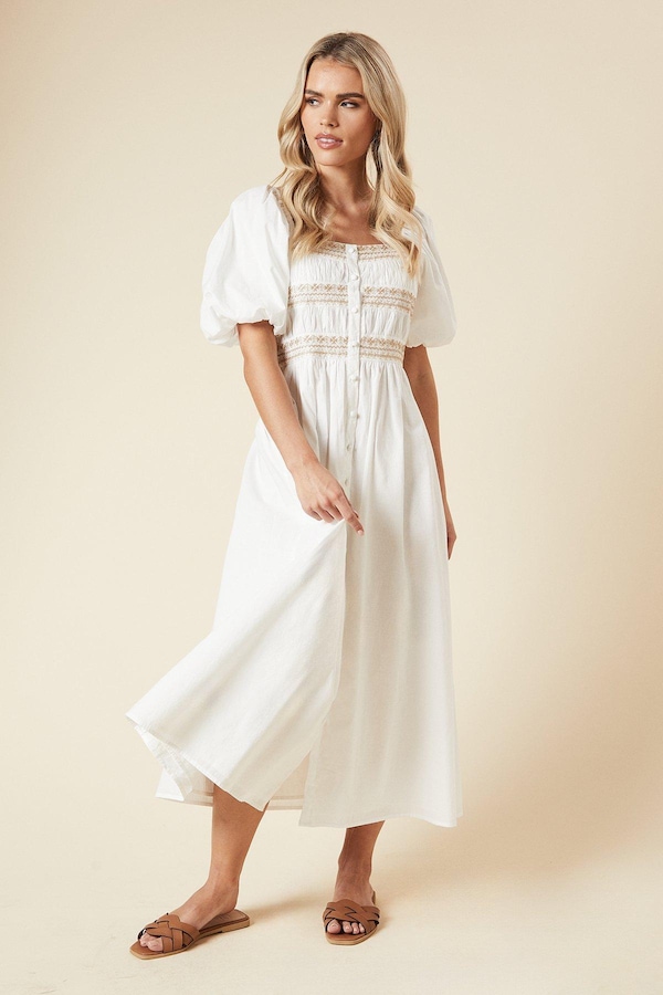 Dorothy Perkins Petite Embroidered Bust Button through Poplin Midi Dress Rust