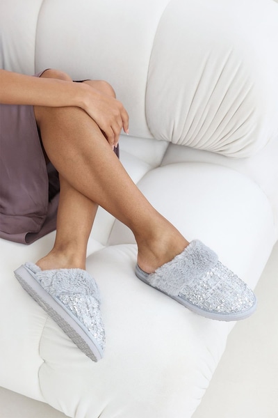 Where's That From 'Celeste' Sequin Tweed Mule Slippers With Faux Fur Trim