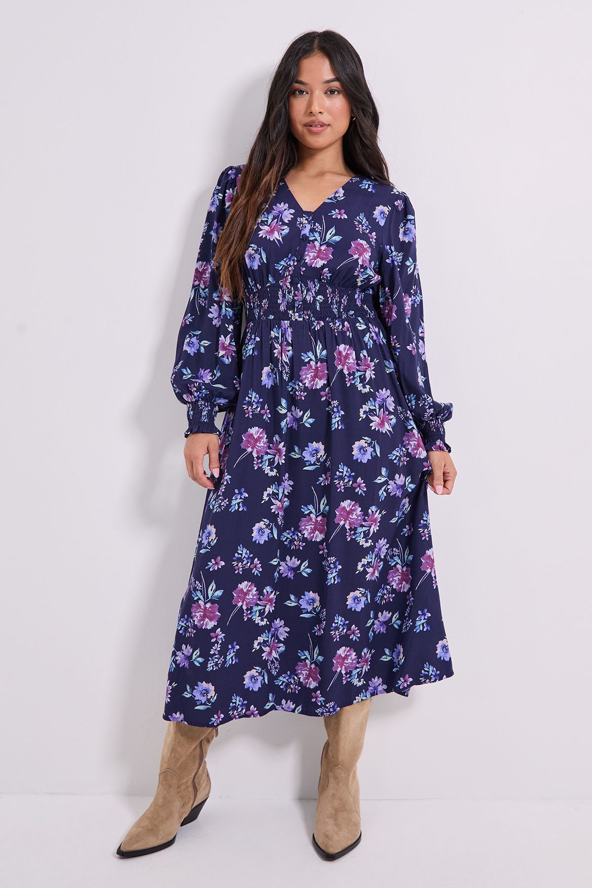 Dorothy Perkins Petite V Neck Button Front Detail Printed Midi Dress Blue image 4