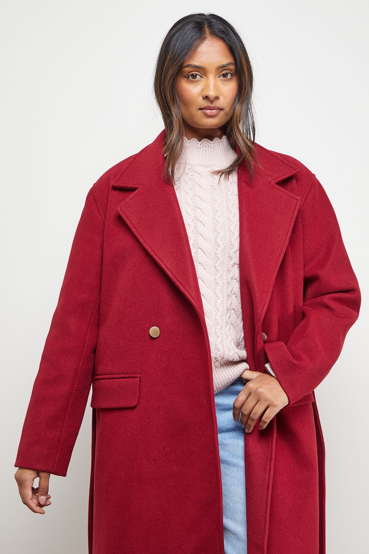 Oasis Tie Belt Detail Midi Coat Red image 4