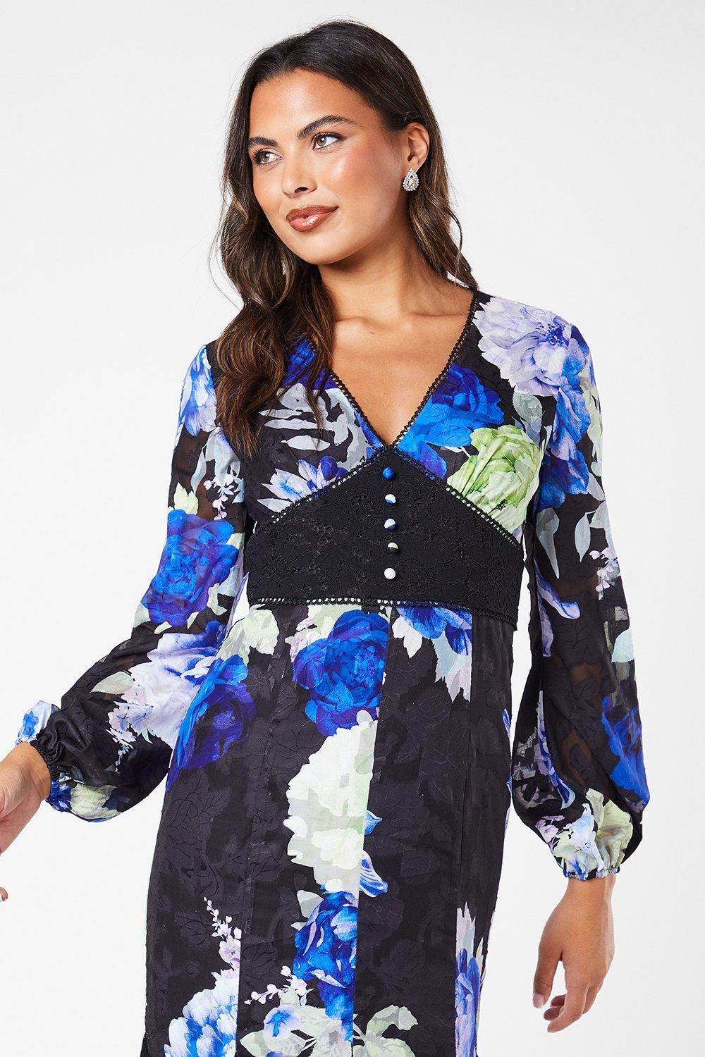 Coast Printed Lace Long Sleeve Midi Wedding Guest Dress Black image 4