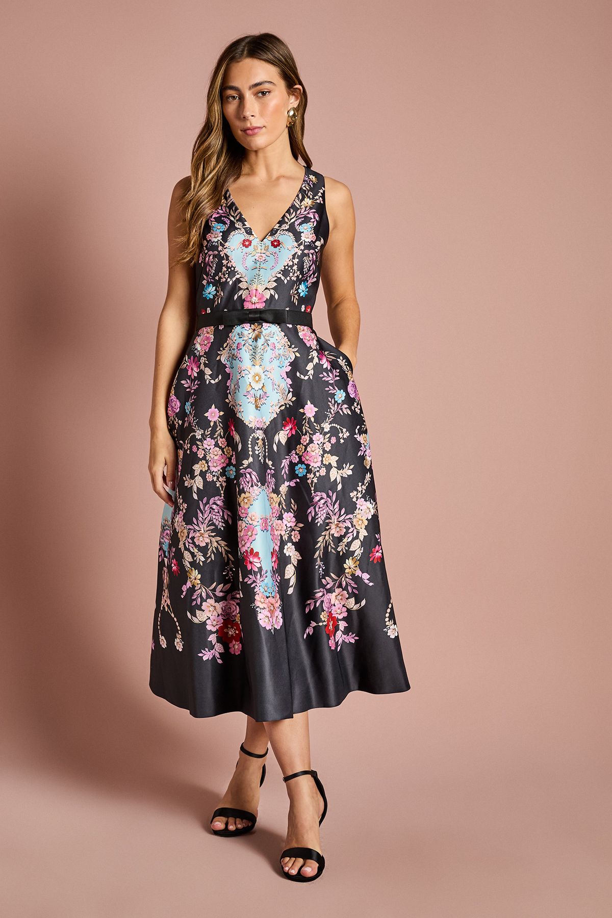 Coast V Neck Placement Print Full Skirted Midi Dress Black image 1