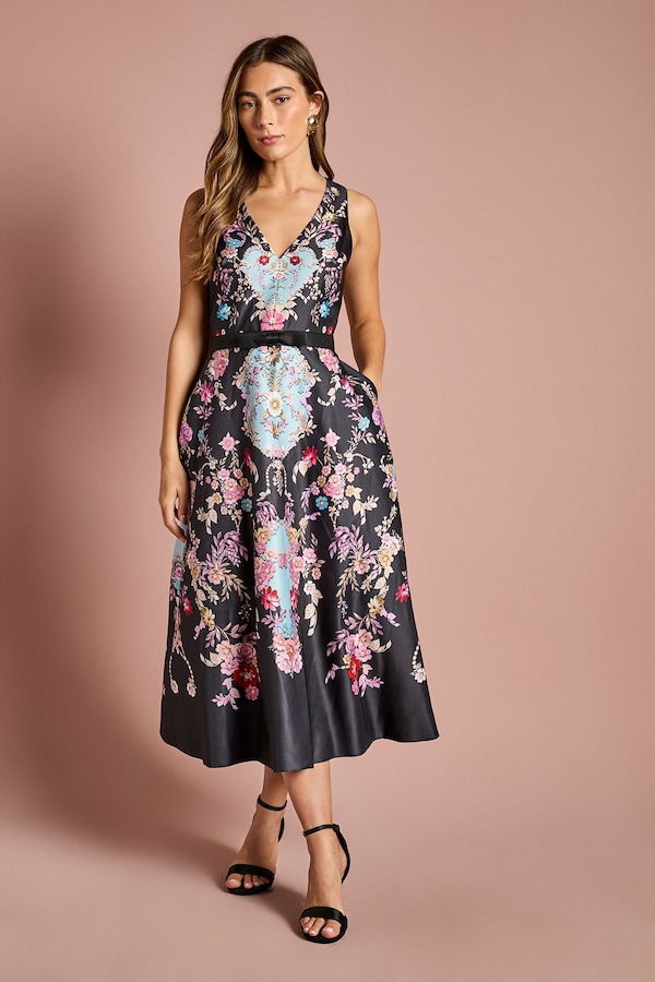 Coast V Neck Placement Print Full Skirted Midi Dress Black
