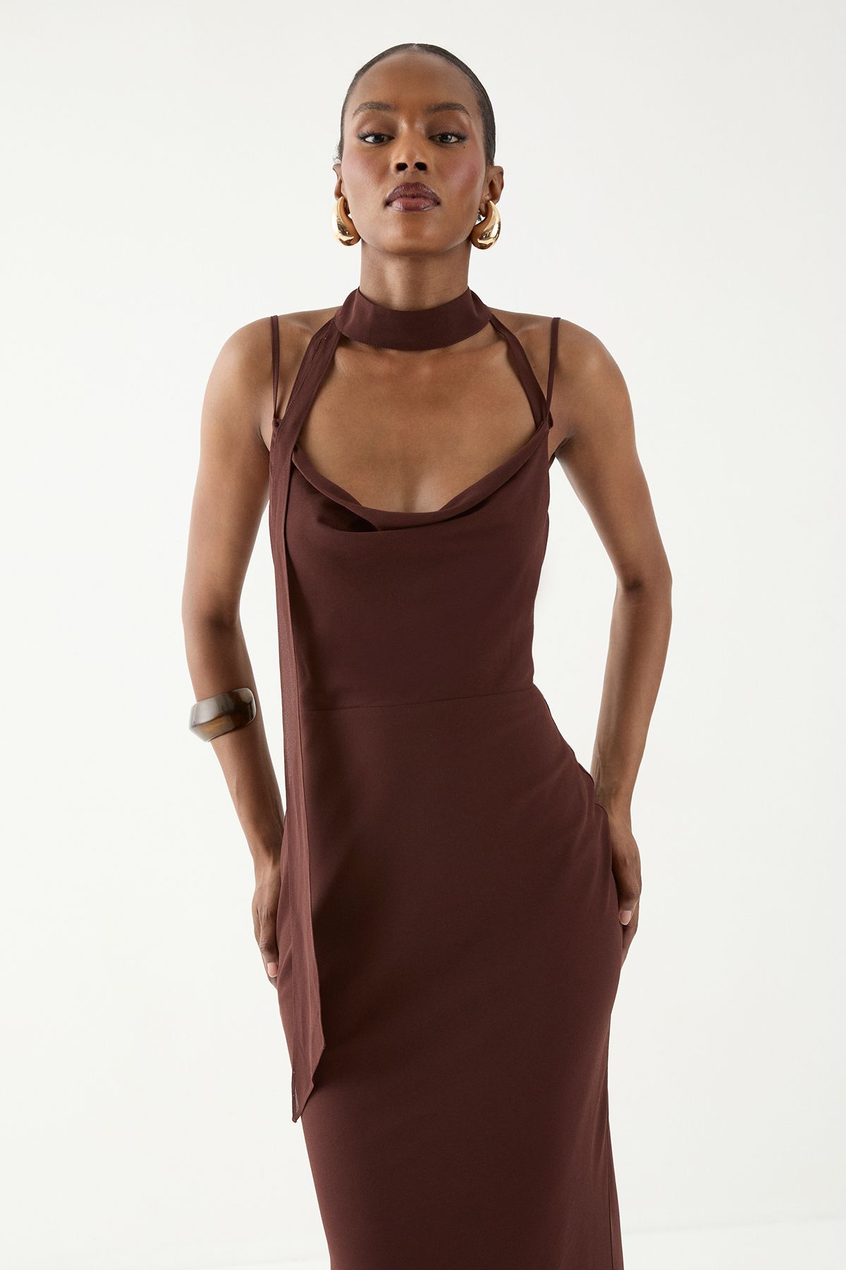 MissPap Halter Neck Chiffon Scarf Maxi Dress Chocolate image 2